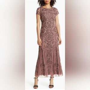 Pisarro Nights Beaded Mesh Midi Cocktail Dress NWT size 2 Mauve